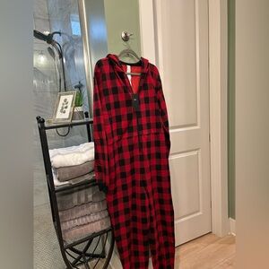 Fabletics Red and Black Checkered Onesie with hood NWT and POCKETS!